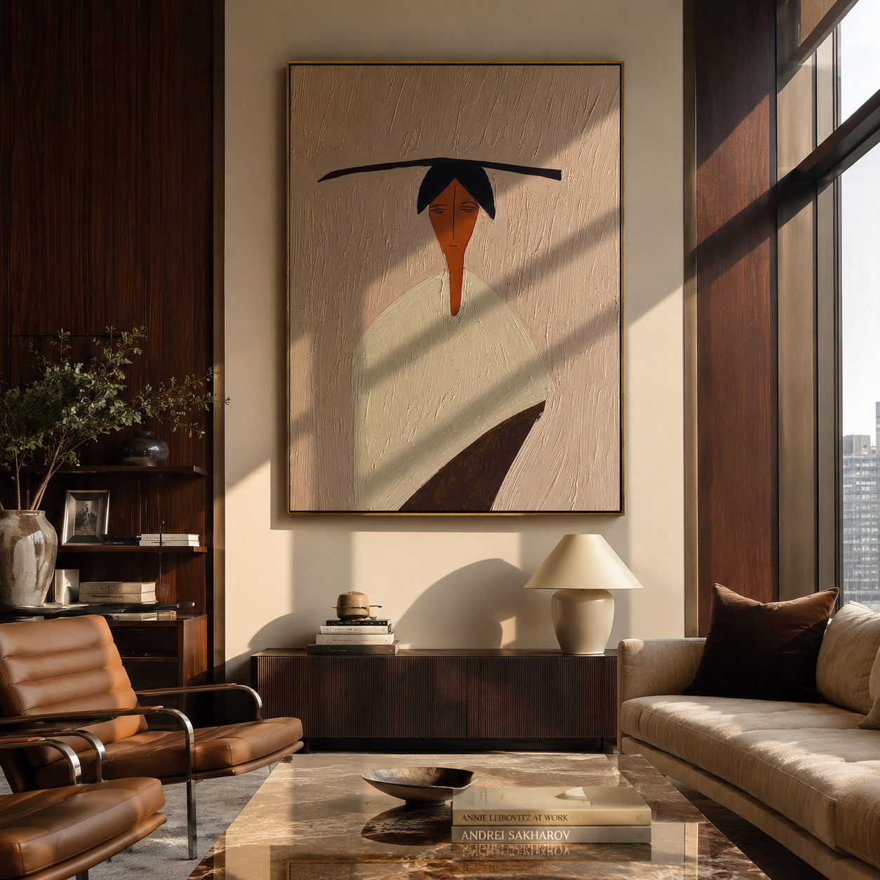 Flat Brim Crosses White - minimal white figure painting by Elliot Vale, modern figurative vertical wall art - styled room scene view 4