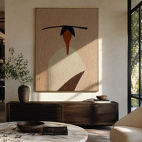 Flat Brim Crosses White - minimal white figure painting by Elliot Vale, modern figurative vertical wall art - styled room scene view 5