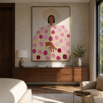 Rose Dress Holds Garden - floral dress woman painting by Elliot Vale, modern figurative vertical wall art - styled room scene view 1