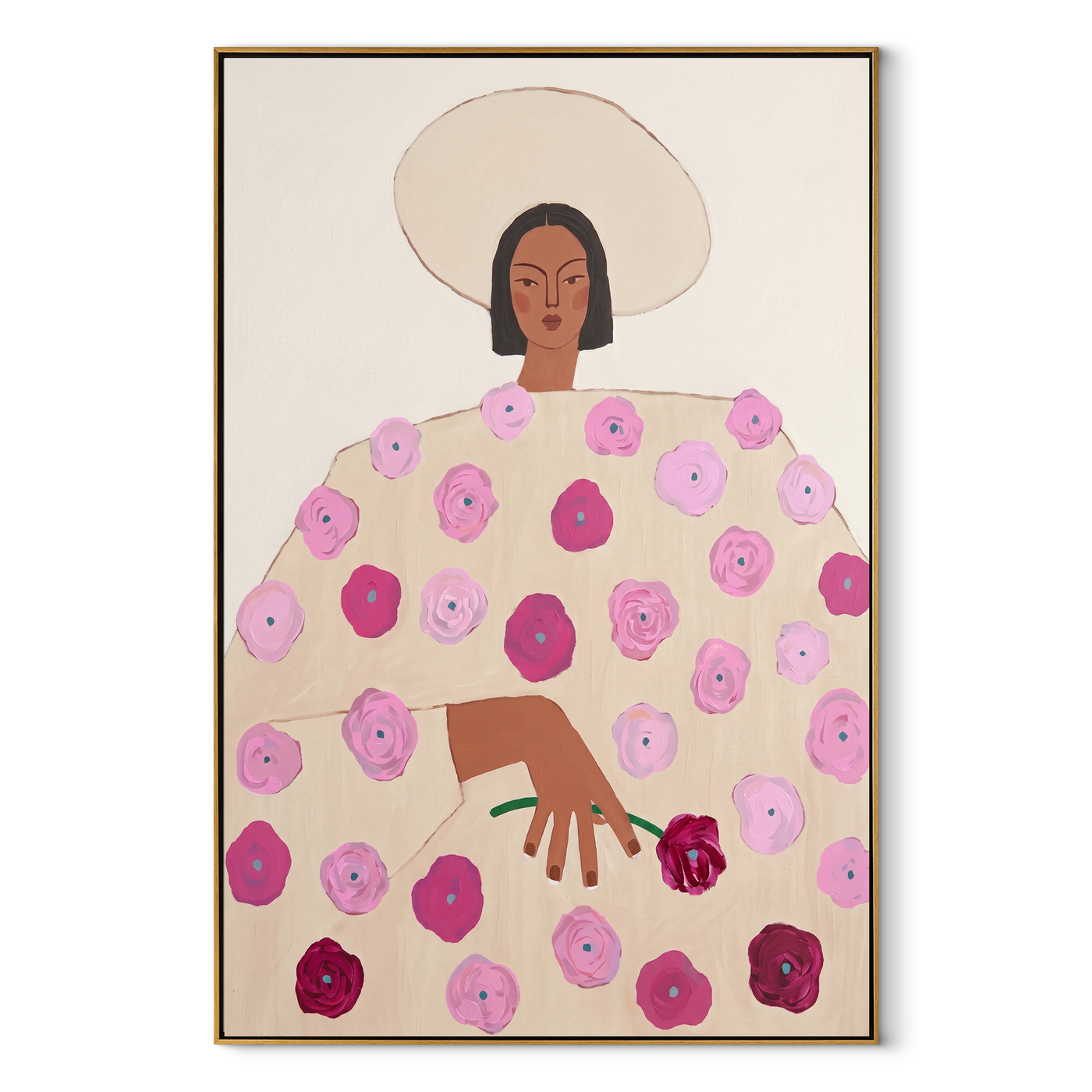 Rose Dress Holds Garden - floral dress woman painting by Elliot Vale, modern figurative vertical wall art - framed artwork on white background