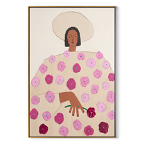 Rose Dress Holds Garden - floral dress woman painting by Elliot Vale, modern figurative vertical wall art - framed artwork on white background