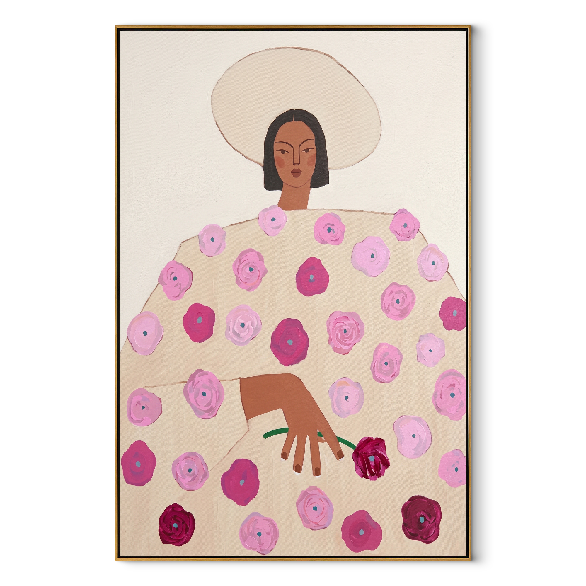 Rose Dress Holds Garden - floral dress woman painting by Elliot Vale, modern figurative vertical wall art - framed artwork on white background