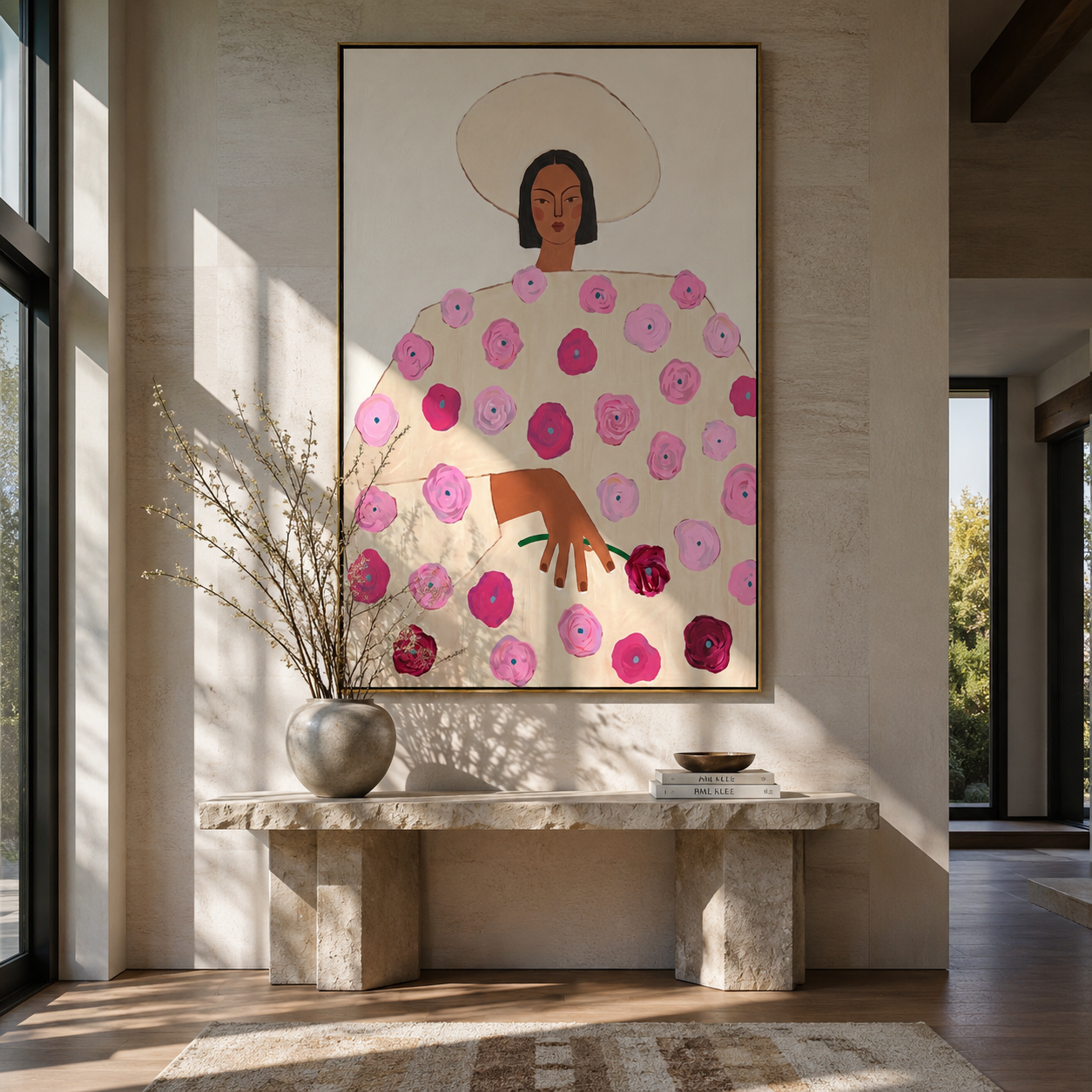 Rose Dress Holds Garden - floral dress woman painting by Elliot Vale, modern figurative vertical wall art - styled room scene view 2
