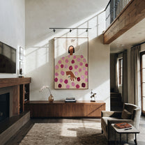 Rose Dress Holds Garden - floral dress woman painting by Elliot Vale, modern figurative vertical wall art - styled room scene view 3