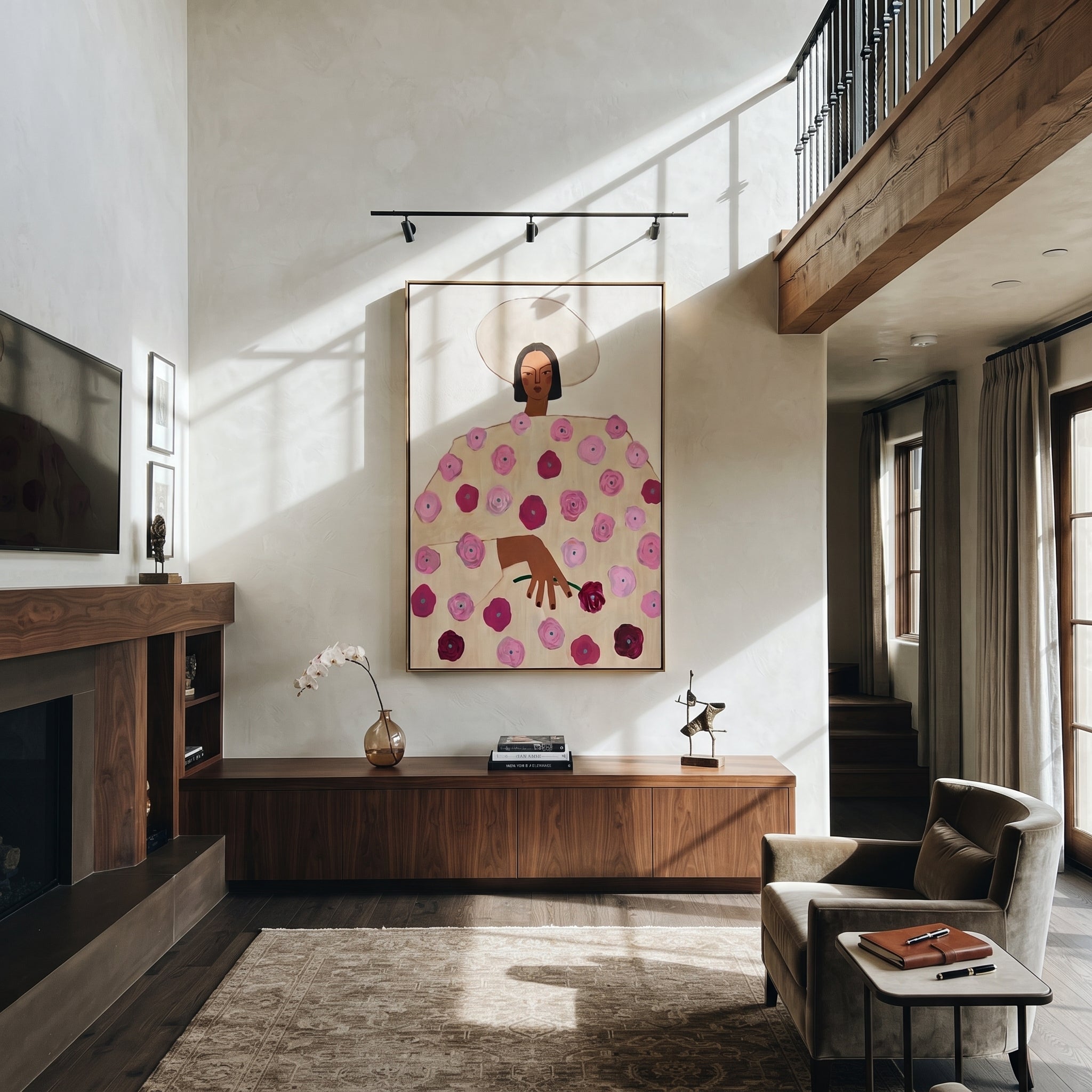 Rose Dress Holds Garden - floral dress woman painting by Elliot Vale, modern figurative vertical wall art - styled room scene view 3