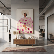 Rose Dress Holds Garden - floral dress woman painting by Elliot Vale, modern figurative vertical wall art - styled room scene view 4