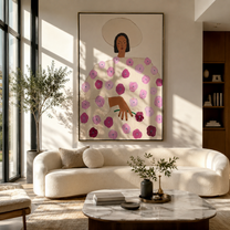Rose Dress Holds Garden - floral dress woman painting by Elliot Vale, modern figurative vertical wall art - styled room scene view 5