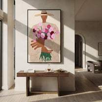 Bouquet Rises Under Straw - woman holding bouquet painting by Elliot Vale, modern figurative vertical wall art - styled room scene view 1