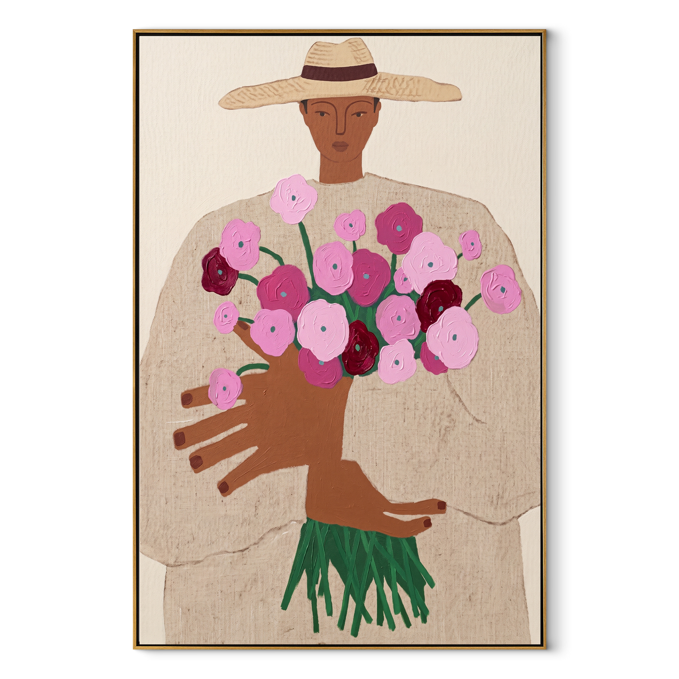 Bouquet Rises Under Straw - woman holding bouquet painting by Elliot Vale, modern figurative vertical wall art - framed artwork on white background