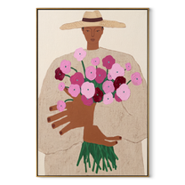 Bouquet Rises Under Straw - woman holding bouquet painting by Elliot Vale, modern figurative vertical wall art - framed artwork on white background