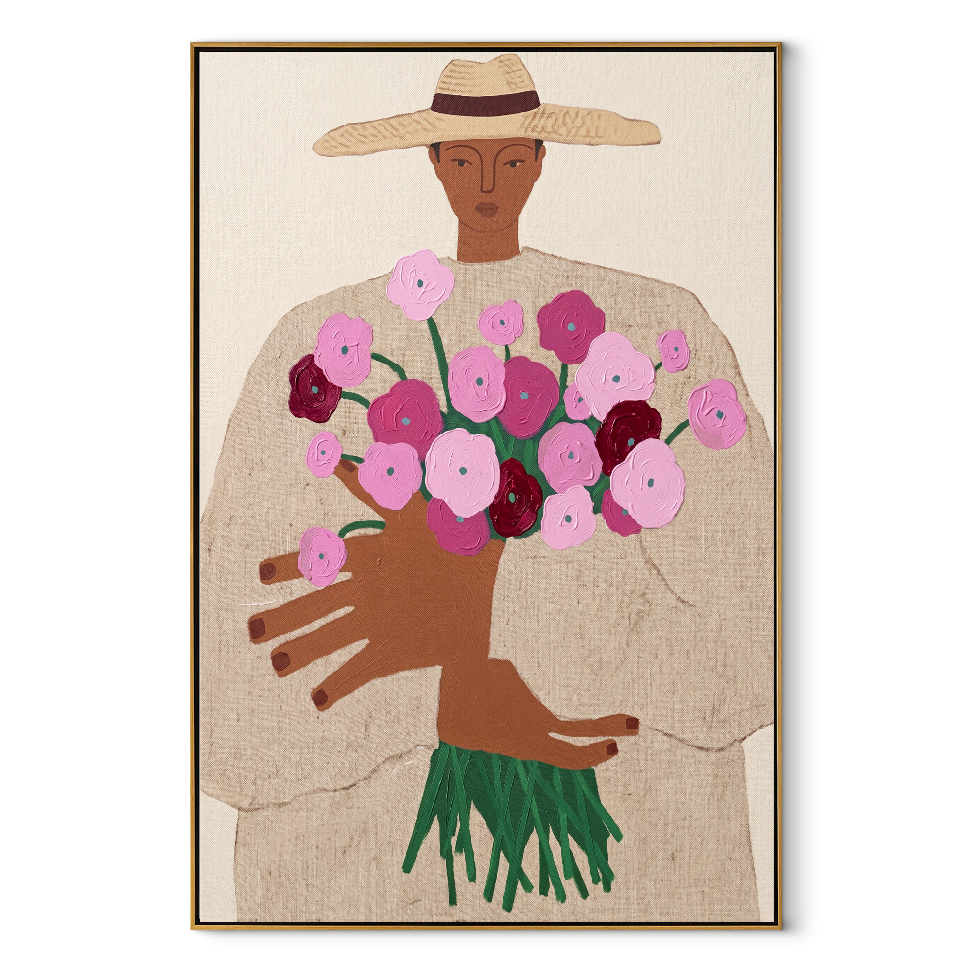 Bouquet Rises Under Straw - woman holding bouquet painting by Elliot Vale, modern figurative vertical wall art - framed artwork on white background