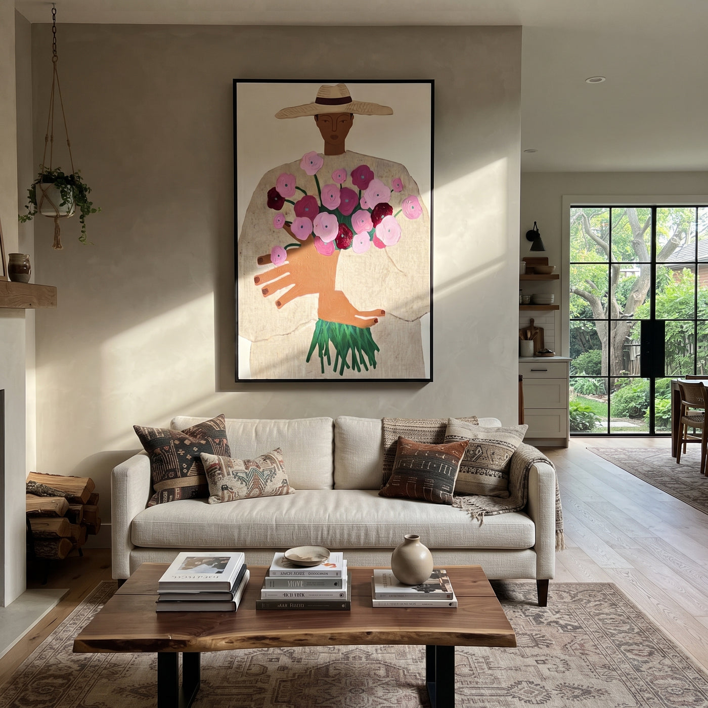 Bouquet Rises Under Straw - woman holding bouquet painting by Elliot Vale, modern figurative vertical wall art - styled room scene view 2