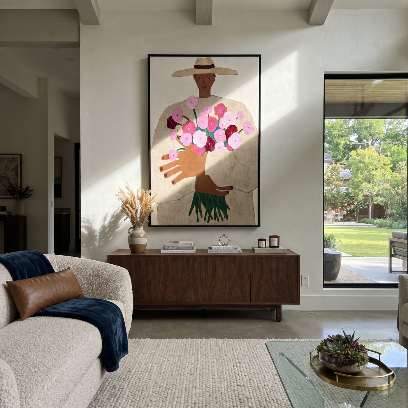Bouquet Rises Under Straw - woman holding bouquet painting by Elliot Vale, modern figurative vertical wall art - styled room scene view 3