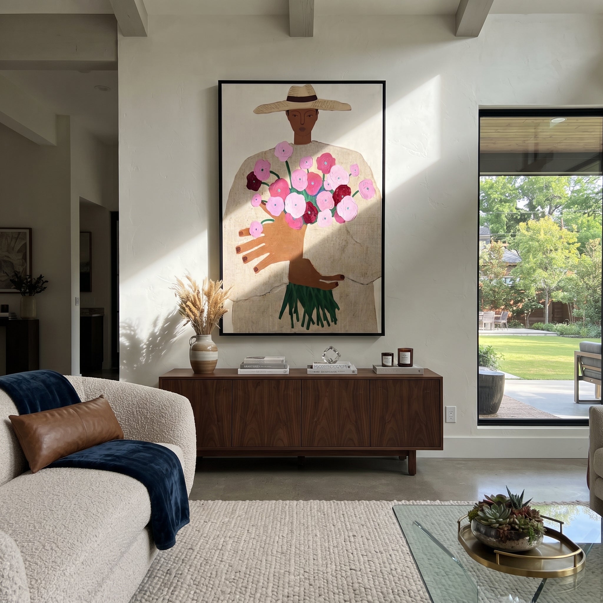 Bouquet Rises Under Straw - woman holding bouquet painting by Elliot Vale, modern figurative vertical wall art - styled room scene view 3