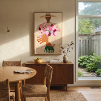 Bouquet Rises Under Straw - woman holding bouquet painting by Elliot Vale, modern figurative vertical wall art - styled room scene view 4
