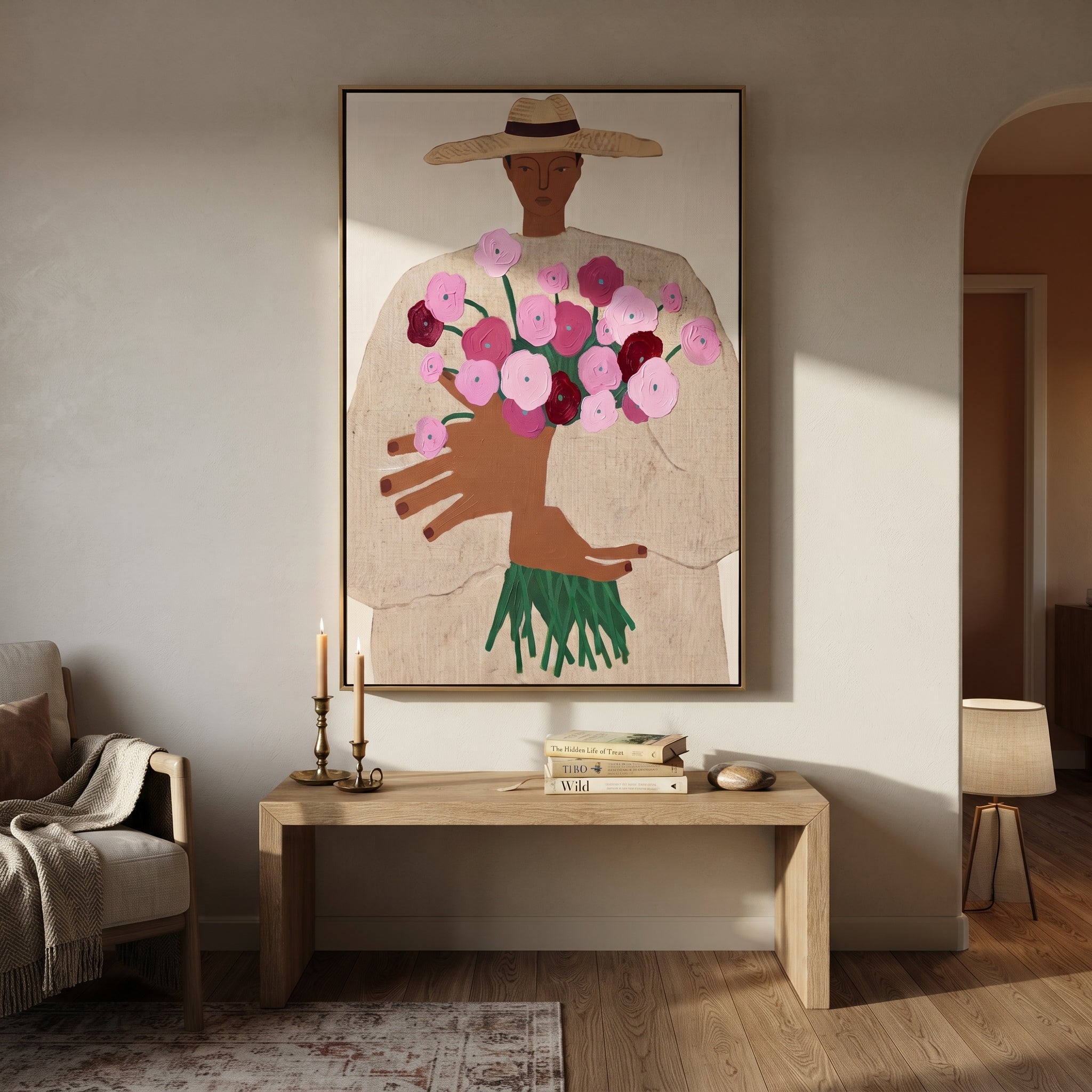 Bouquet Rises Under Straw - woman holding bouquet painting by Elliot Vale, modern figurative vertical wall art - styled room scene view 5