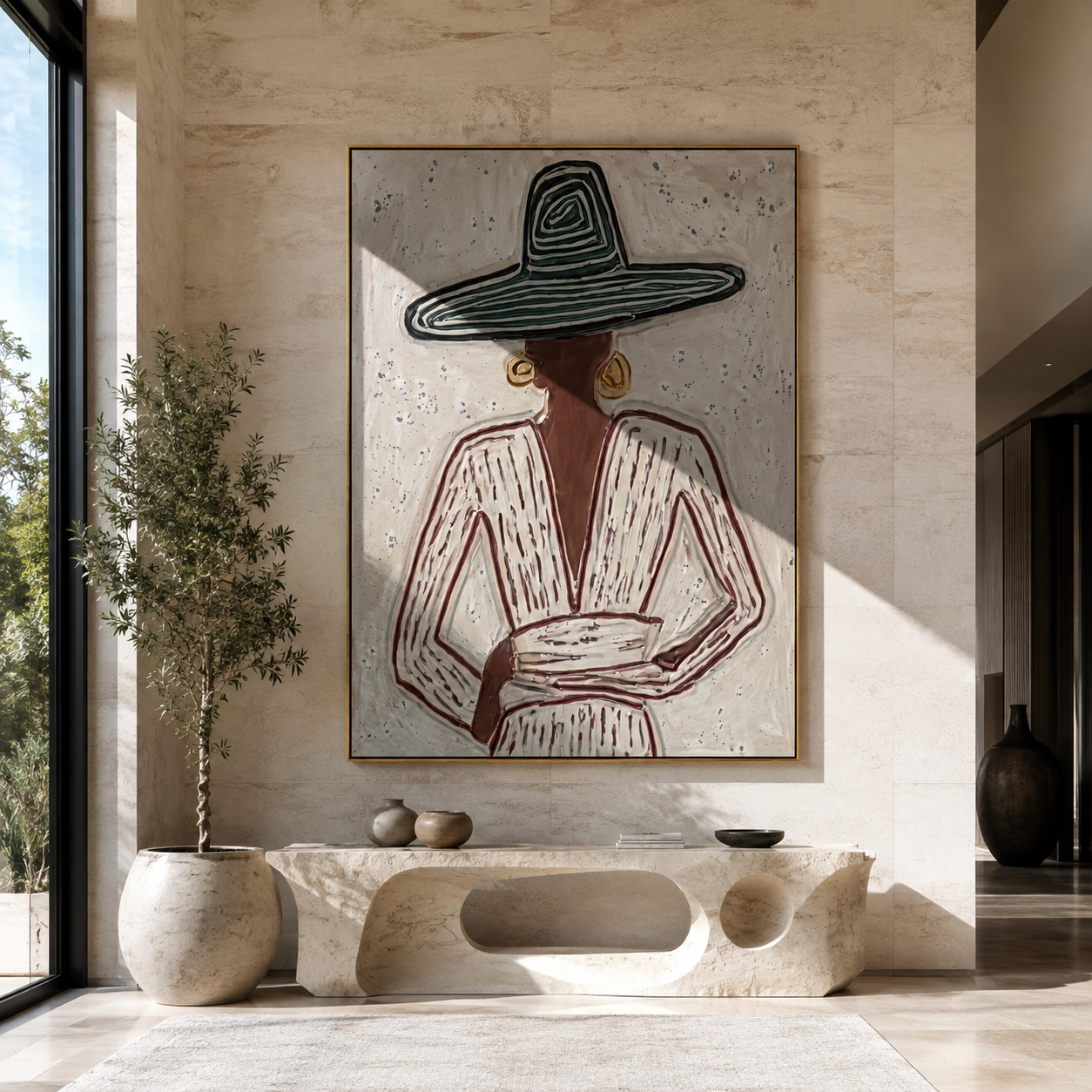 Teal Rings Guard Cup - seated sombrero woman painting by Elliot Vale, modern figurative vertical wall art - styled room scene view 1