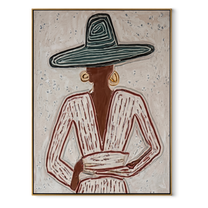 Teal Rings Guard Cup - seated sombrero woman painting by Elliot Vale, modern figurative vertical wall art - framed artwork on white background