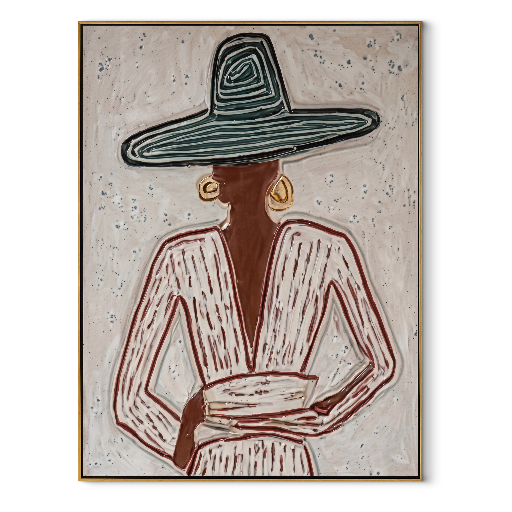 Teal Rings Guard Cup - seated sombrero woman painting by Elliot Vale, modern figurative vertical wall art - framed artwork on white background