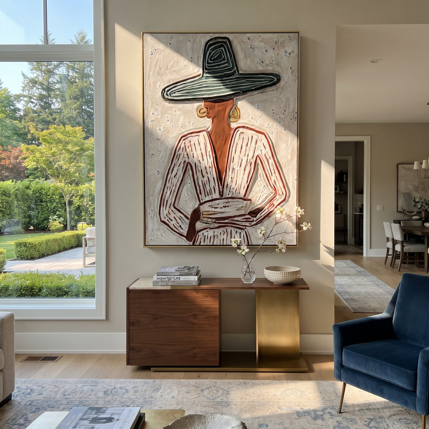 Teal Rings Guard Cup - seated sombrero woman painting by Elliot Vale, modern figurative vertical wall art - styled room scene view 2