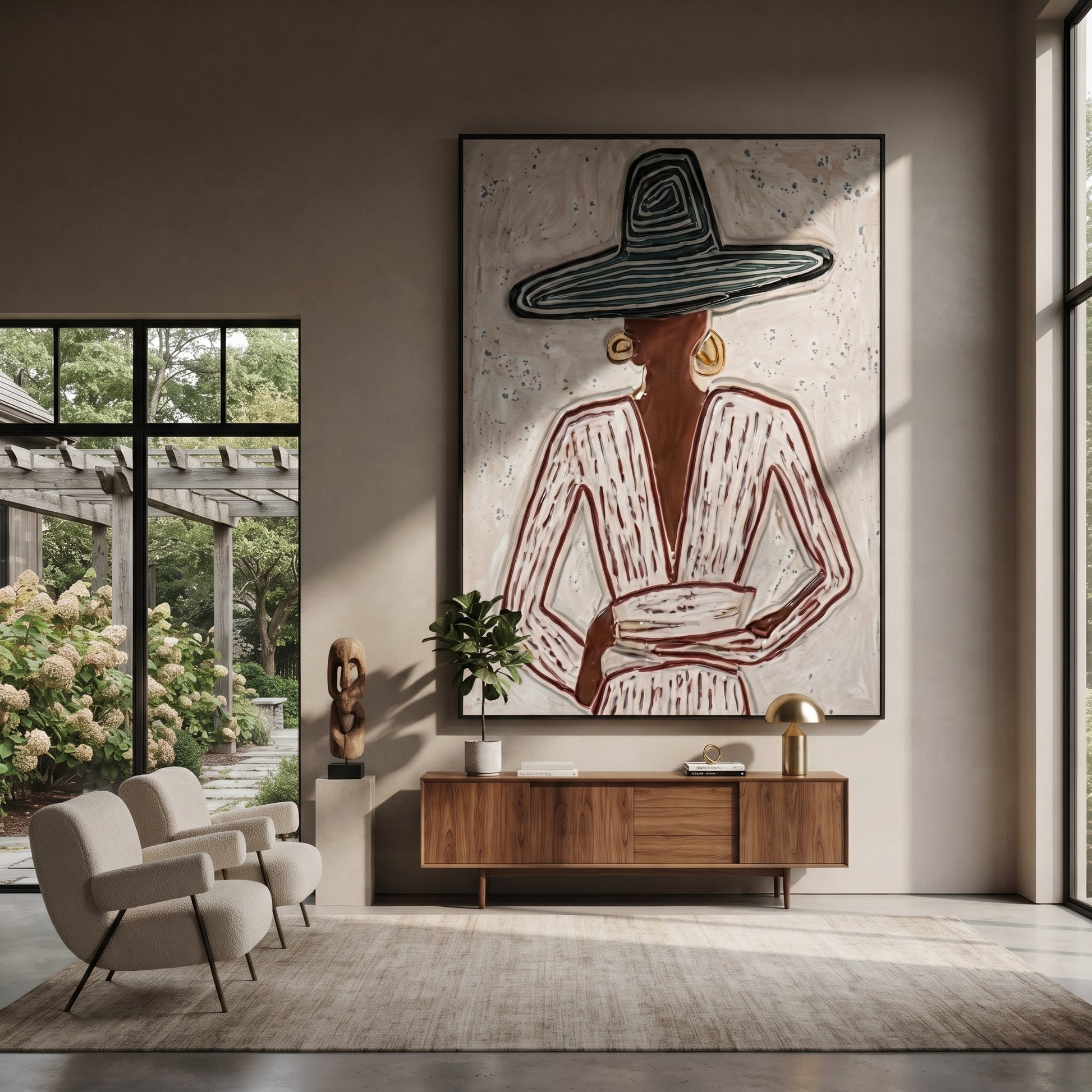 Teal Rings Guard Cup - seated sombrero woman painting by Elliot Vale, modern figurative vertical wall art - styled room scene view 3