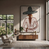 Teal Rings Guard Cup - seated sombrero woman painting by Elliot Vale, modern figurative vertical wall art - styled room scene view 3