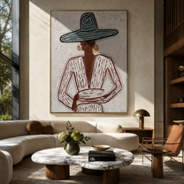 Teal Rings Guard Cup - seated sombrero woman painting by Elliot Vale, modern figurative vertical wall art - styled room scene view 4