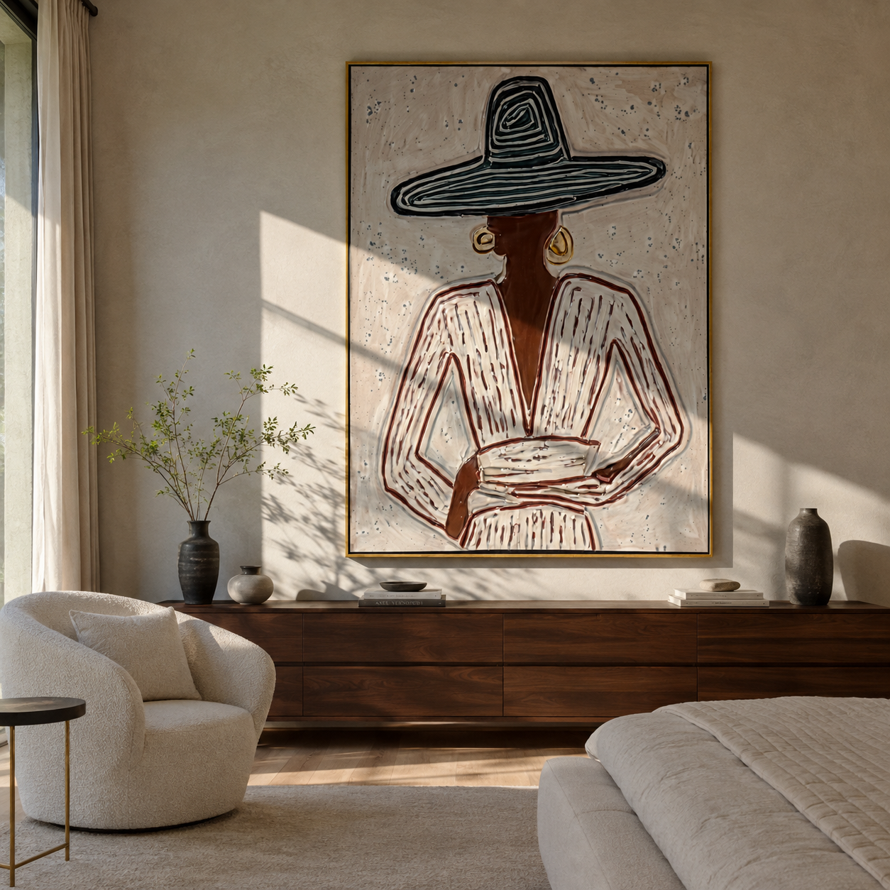 Teal Rings Guard Cup - seated sombrero woman painting by Elliot Vale, modern figurative vertical wall art - styled room scene view 5