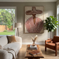 Rose Rings Frame Mauve - mauve striped sombrero painting by Elliot Vale, modern figurative vertical wall art - styled room scene view 1