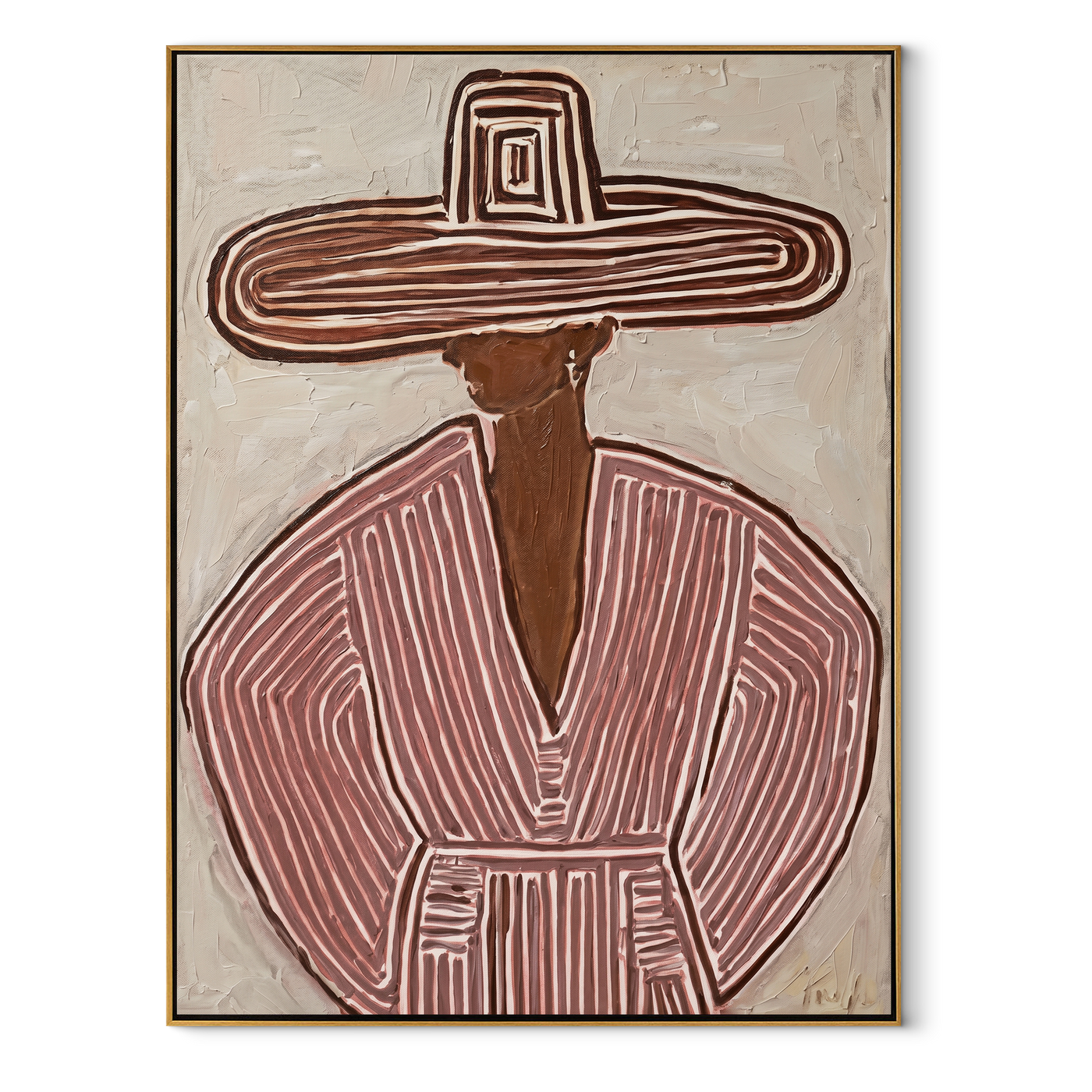 Rose Rings Frame Mauve - mauve striped sombrero painting by Elliot Vale, modern figurative vertical wall art - framed artwork on white background
