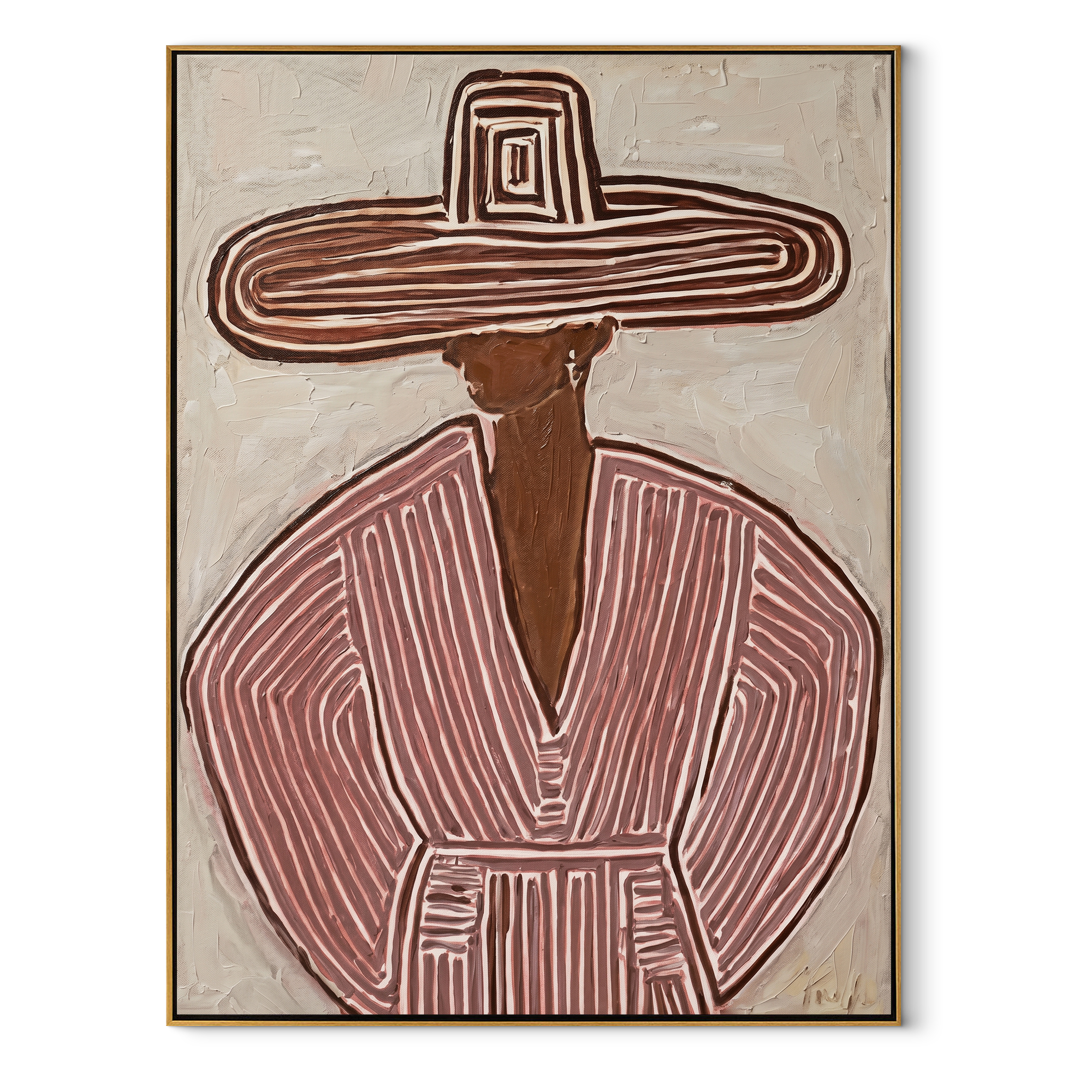 Rose Rings Frame Mauve - mauve striped sombrero painting by Elliot Vale, modern figurative vertical wall art - framed artwork on white background