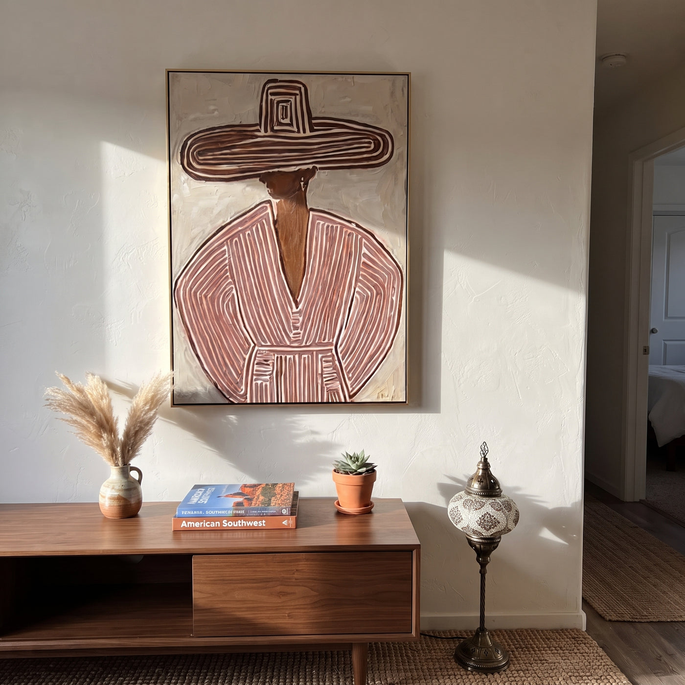 Rose Rings Frame Mauve - mauve striped sombrero painting by Elliot Vale, modern figurative vertical wall art - styled room scene view 2
