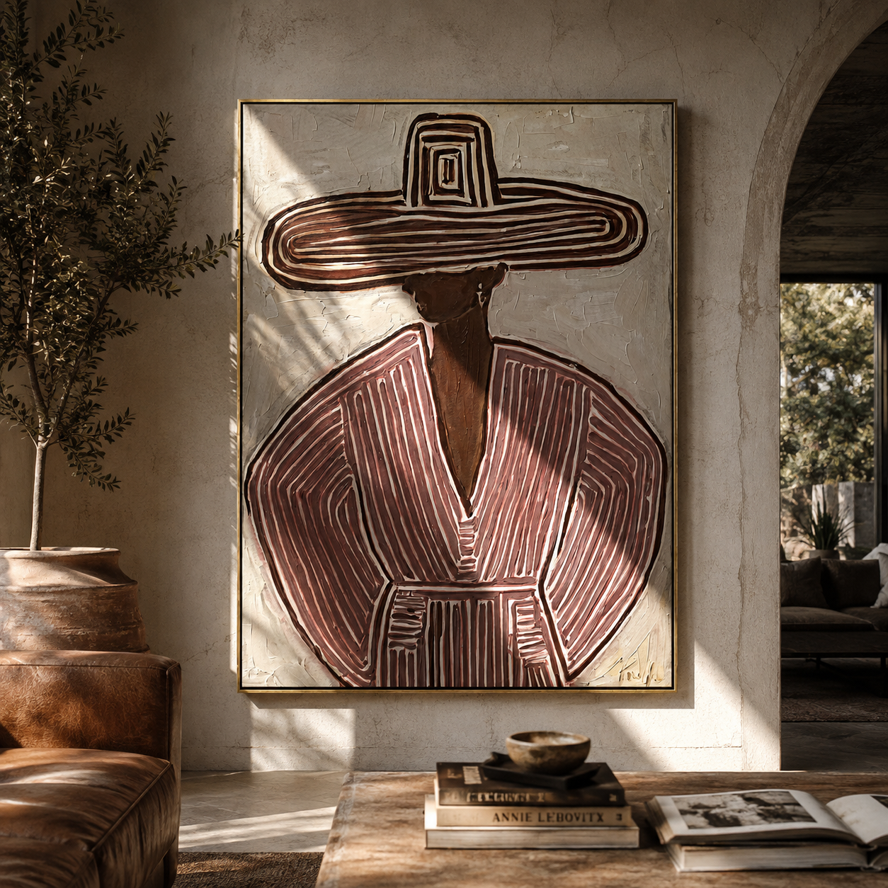 Rose Rings Frame Mauve - mauve striped sombrero painting by Elliot Vale, modern figurative vertical wall art - styled room scene view 3