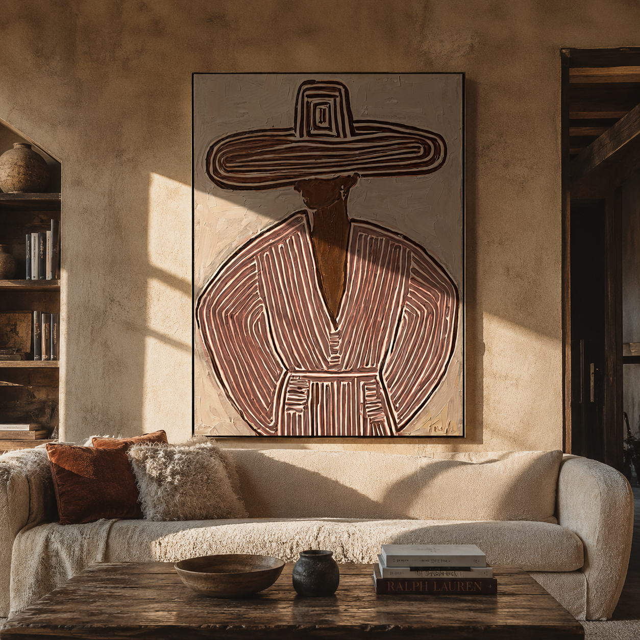 Rose Rings Frame Mauve - mauve striped sombrero painting by Elliot Vale, modern figurative vertical wall art - styled room scene view 4