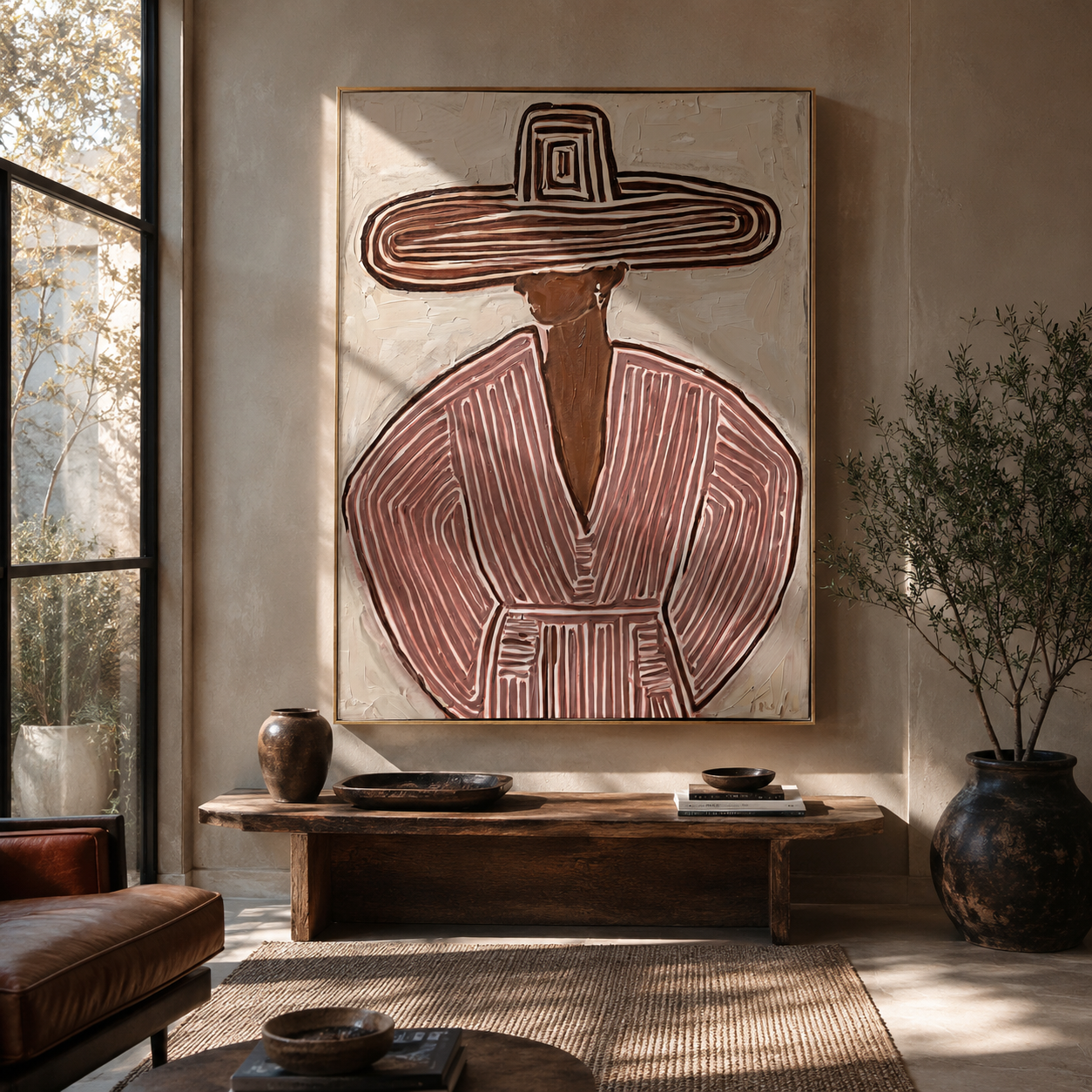 Rose Rings Frame Mauve - mauve striped sombrero painting by Elliot Vale, modern figurative vertical wall art - styled room scene view 5