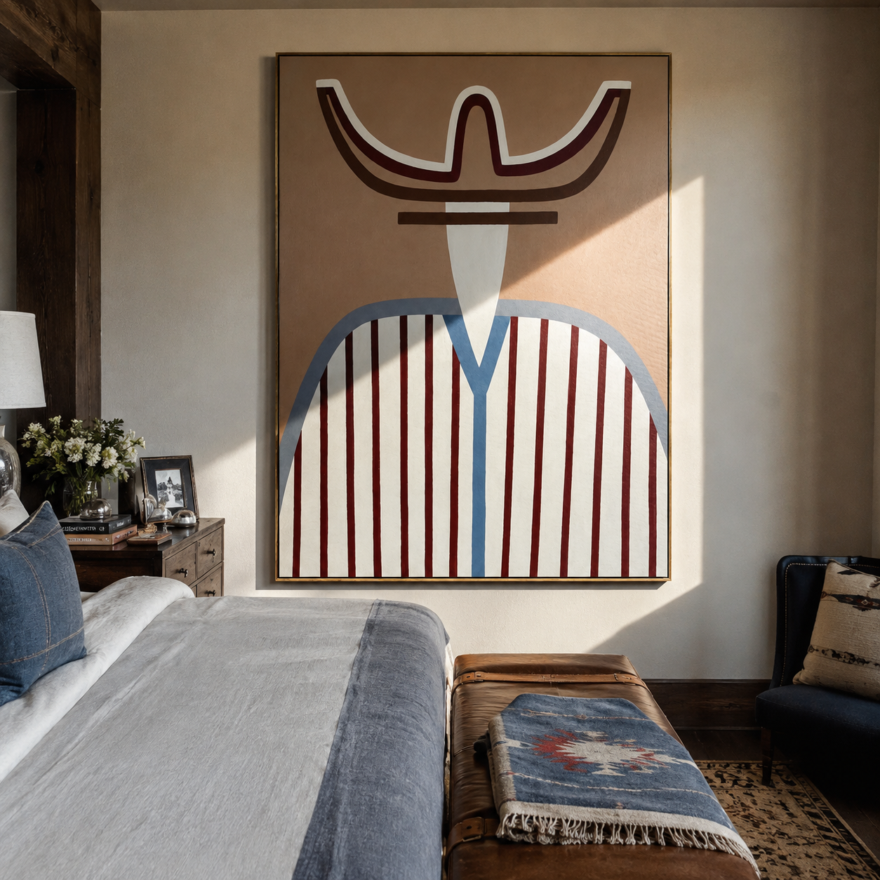 Burgundy Horns Hold Blue - blue striped western figure painting by Elliot Vale, modern figurative vertical wall art - styled room scene view 1
