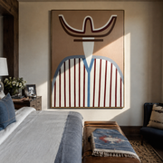 Burgundy Horns Hold Blue - blue striped western figure painting by Elliot Vale, modern figurative vertical wall art - styled room scene view 1