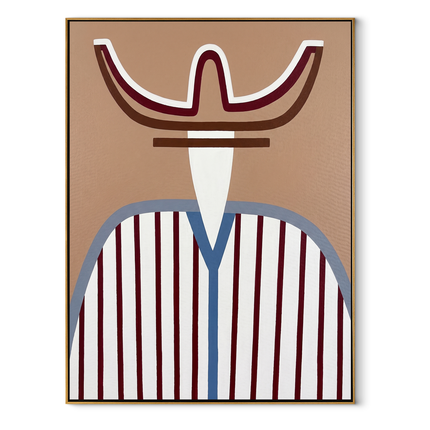 Burgundy Horns Hold Blue - blue striped western figure painting by Elliot Vale, modern figurative vertical wall art - framed artwork on white background