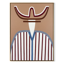 Burgundy Horns Hold Blue - blue striped western figure painting by Elliot Vale, modern figurative vertical wall art - framed artwork on white background