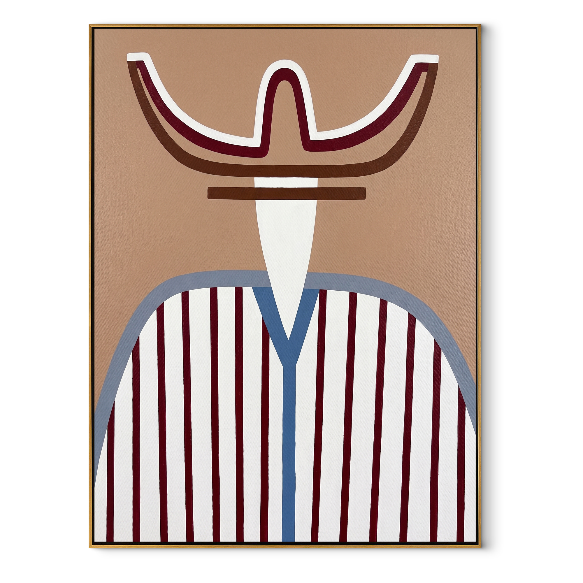 Burgundy Horns Hold Blue - blue striped western figure painting by Elliot Vale, modern figurative vertical wall art - framed artwork on white background