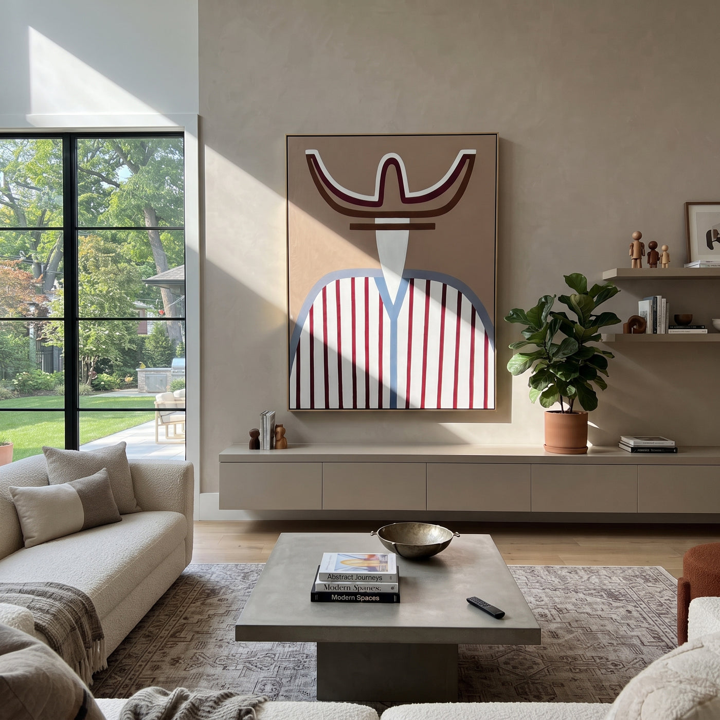 Burgundy Horns Hold Blue - blue striped western figure painting by Elliot Vale, modern figurative vertical wall art - styled room scene view 3