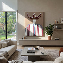 Burgundy Horns Hold Blue - blue striped western figure painting by Elliot Vale, modern figurative vertical wall art - styled room scene view 3