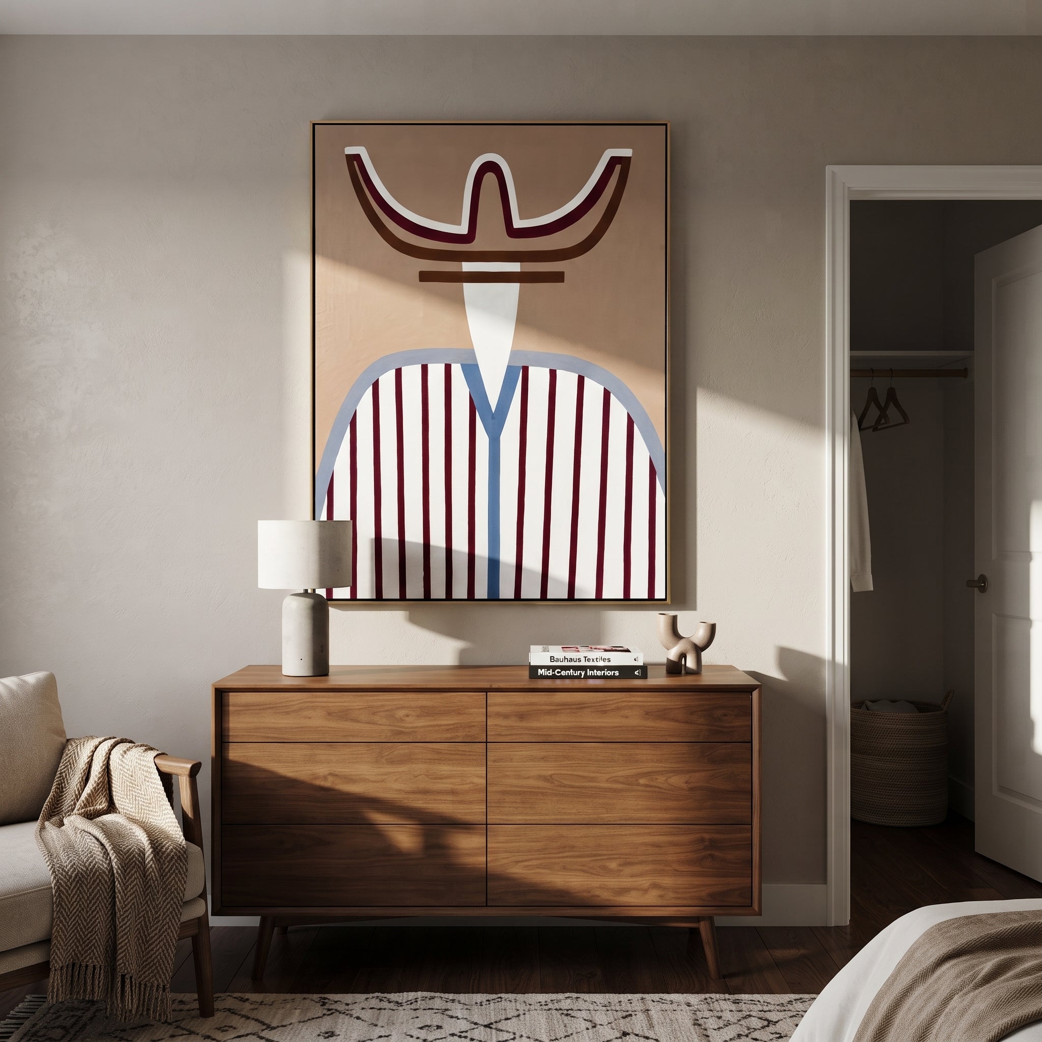 Burgundy Horns Hold Blue - blue striped western figure painting by Elliot Vale, modern figurative vertical wall art - styled room scene view 4