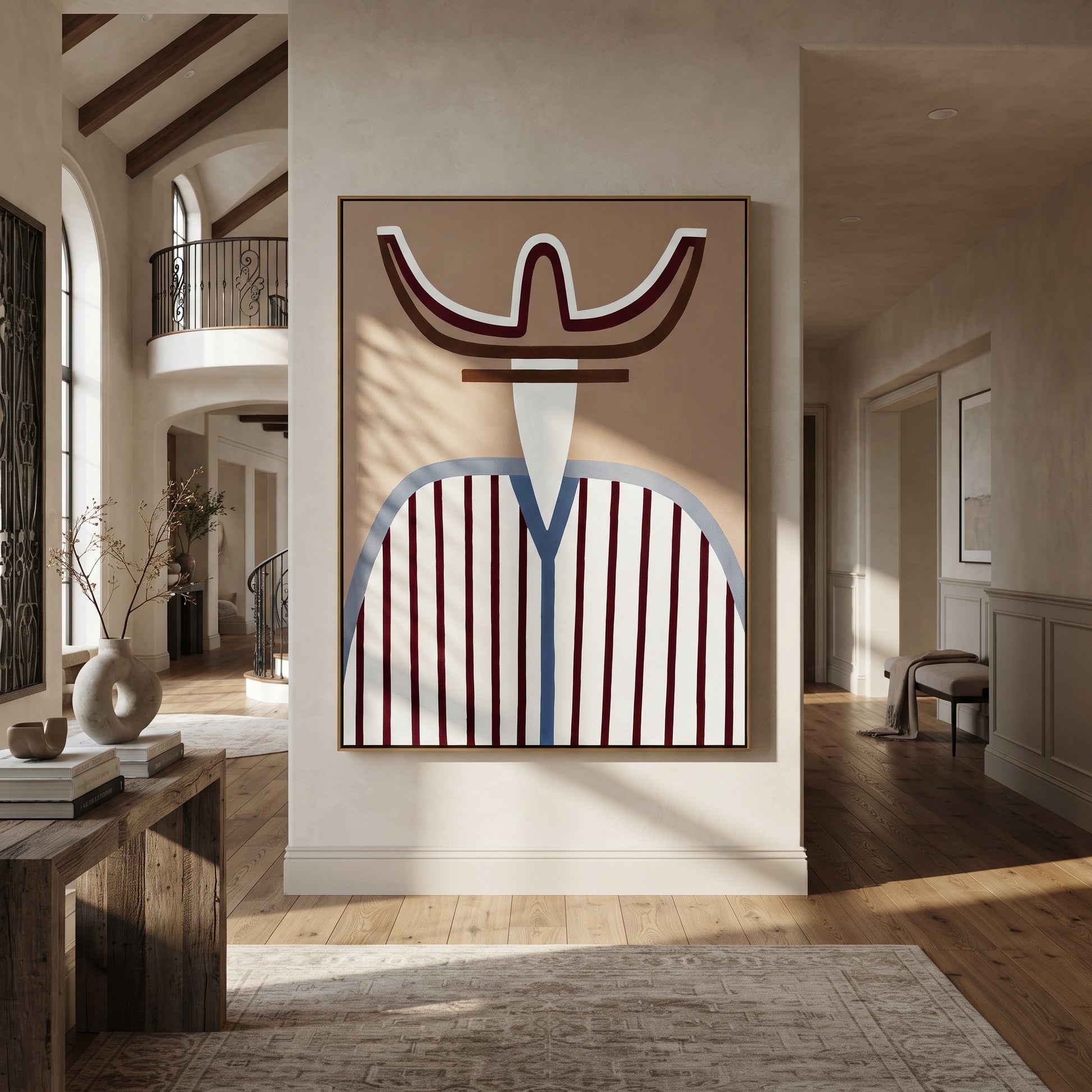 Burgundy Horns Hold Blue - blue striped western figure painting by Elliot Vale, modern figurative vertical wall art - styled room scene view 5