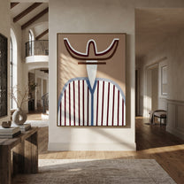 Burgundy Horns Hold Blue - blue striped western figure painting by Elliot Vale, modern figurative vertical wall art - styled room scene view 5