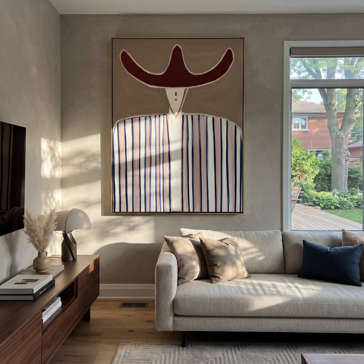 Rust Horns Meet Lines - blue striped hat figure painting by Elliot Vale, modern figurative vertical wall art - styled room scene view 1