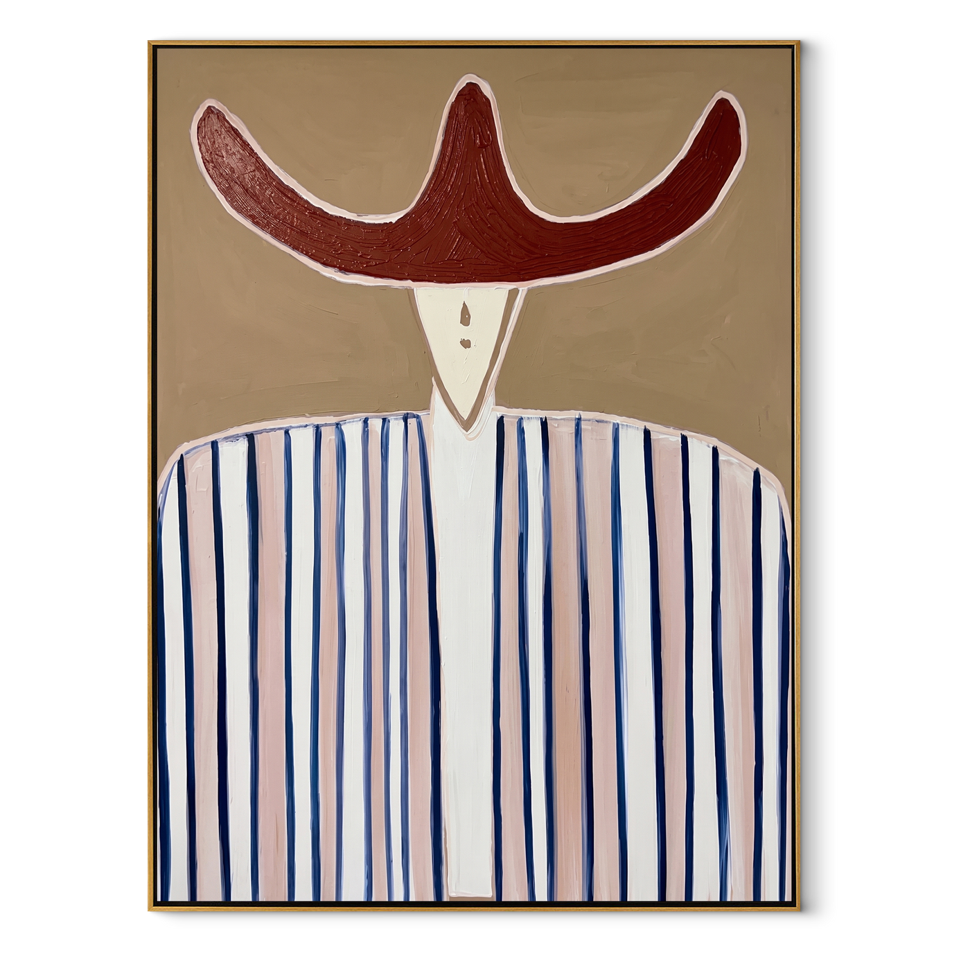Rust Horns Meet Lines - blue striped hat figure painting by Elliot Vale, modern figurative vertical wall art - framed artwork on white background