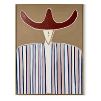 Rust Horns Meet Lines - blue striped hat figure painting by Elliot Vale, modern figurative vertical wall art - framed artwork on white background