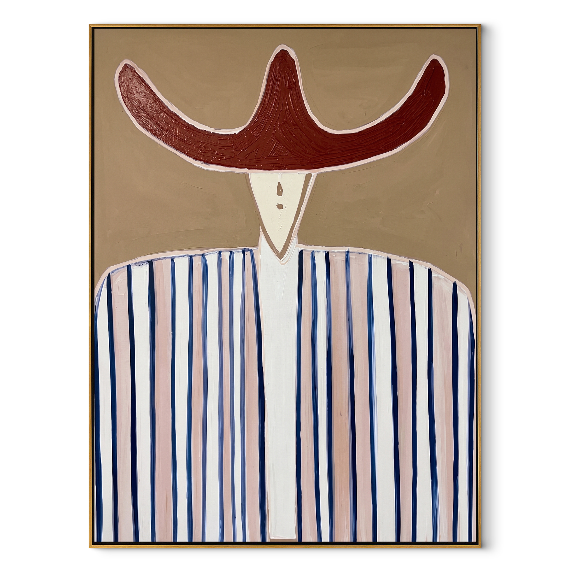 Rust Horns Meet Lines - blue striped hat figure painting by Elliot Vale, modern figurative vertical wall art - framed artwork on white background