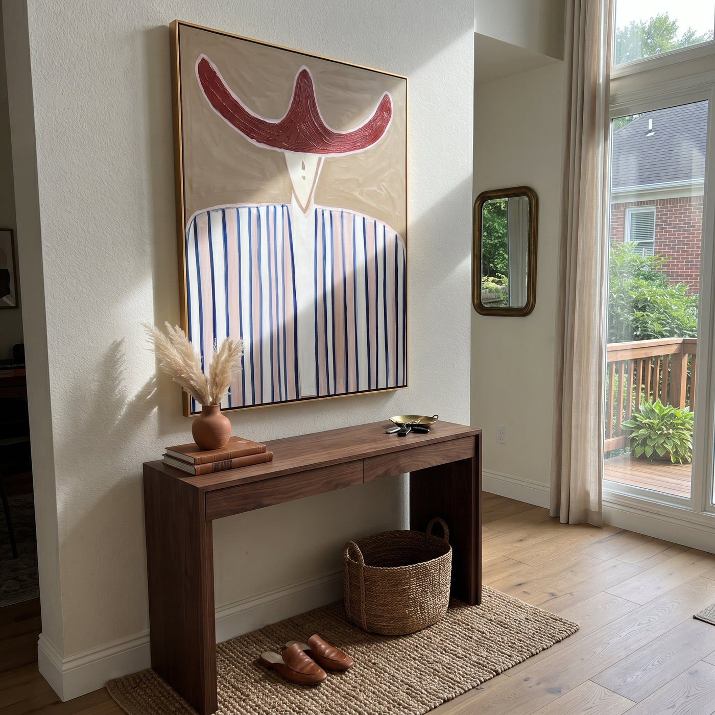 Rust Horns Meet Lines - blue striped hat figure painting by Elliot Vale, modern figurative vertical wall art - styled room scene view 2